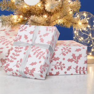 Papier Cadeau Rose Gold Foil & White Holly Noël d'hiver