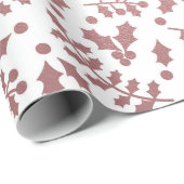 Papier Cadeau Rose Gold Foil & White Holly Noël d'hiver (Coin rond)