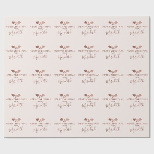 Papier Cadeau Rose Gold Holly Blush Joyeux Noël Nom (Plat)