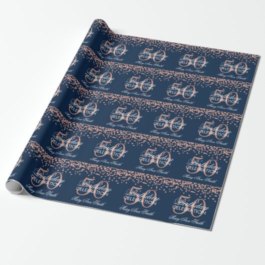 Papier Cadeau Rose Gold Navy Blue 50e anniversaire Parties scint (Déroulé)