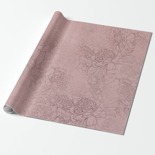 Papier Cadeau Rose Gold Peony Outline Motif sur Blush Pink (Déroulé)