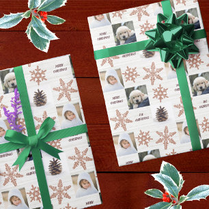 Papier Cadeau Rose Gold Snowflake 3 Photo Collage Noël
