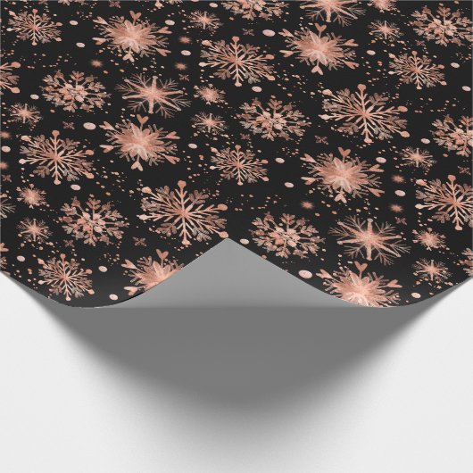 Papier Cadeau Rose Gold Snowflakes d'hiver sur Motif noir (Coin)