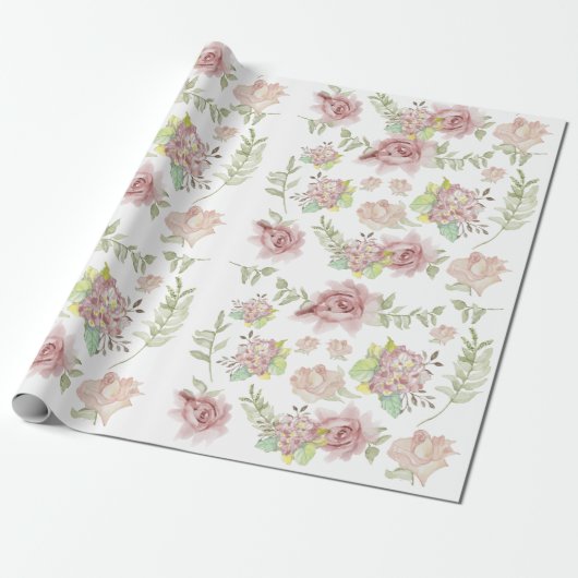 Papier Cadeau Rose Hydrangea Floral Aquarelle Bleu Rose Sage (Déroulé)