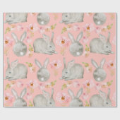Papier Cadeau Rose. Lapins et fleurs. (Plat)