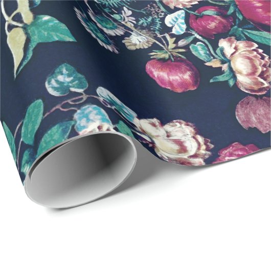 Papier Cadeau Rose Magenta Vert Bleu Peine Turquoise et Fleurs R (Coin rond)