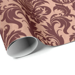 Papier Cadeau Rose métallique Gold Cuivre Bourgogne Maroon Damas