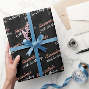 Papier Cadeau Rose noire or nom âge chic anniversaire