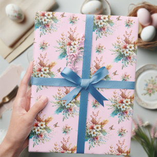 Papier Cadeau Rose Pâle Aquarelle Floral Croix de Pâques