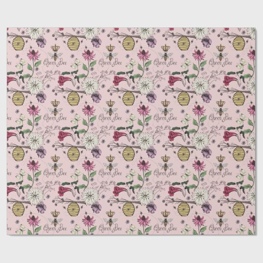 Papier Cadeau Rose Pâle Élégant Reine Abeille et Fleurs pour la  (Plat)