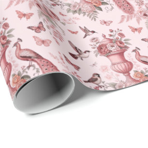 Papier Cadeau Rose Pâle et Blanc Motif de Chinoiserie Toile
