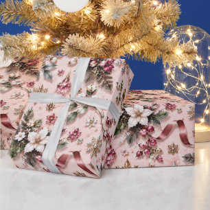 Papier Cadeau Rose Pâle Floral d'Hiver