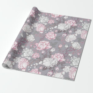 PAPIER CADEAU ROSE PASTEL & CARNATIONS GRIS FLEURS