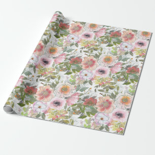 Papier Cadeau Rose poudrée aquarelle florale verdure
