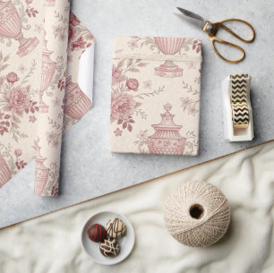 Papier Cadeau Rose Poussiéreux Toile de Jouy Française
