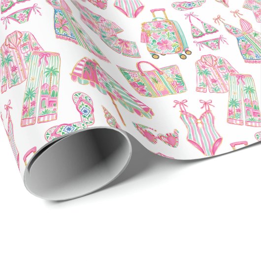 Papier Cadeau Rose Prépa et Vert Chic de Palm Beach (Coin rond)