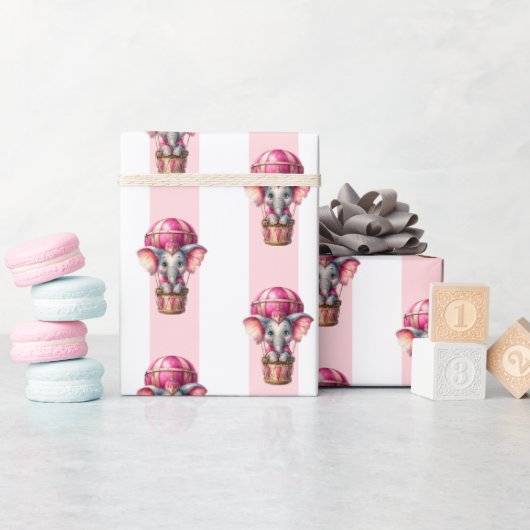 Papier Cadeau Rose & Rayure Blanche Éléphant (Baby Shower)