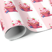 Papier Cadeau Rose & Rayure Blanche Gâteaux Roses (Coin rond)