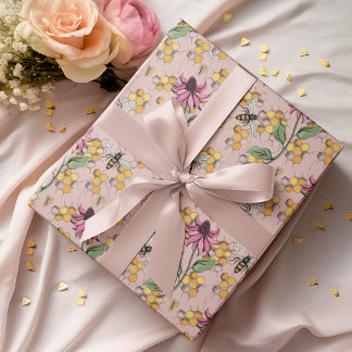 Papier Cadeau Rose romantique Gold Queen Bee, Honeycomb & Fleurs
