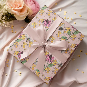 Papier Cadeau Rose romantique Gold Queen Bee, Honeycomb & Fleurs