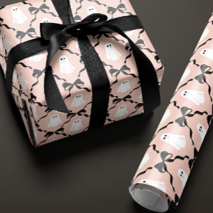 Papier Cadeau Rose rose bonbons fantômes et rubans noirs Hallowe