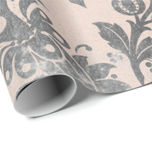 Papier Cadeau Rose rose pâle Gris floral Poudre Grungy Damask