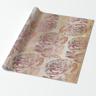 Papier Cadeau Rose Rose Rose Or Métallurgique Floral Vieux Grung