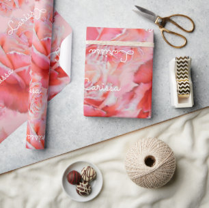 Papier Cadeau rose roses & nom, motif floral romantique