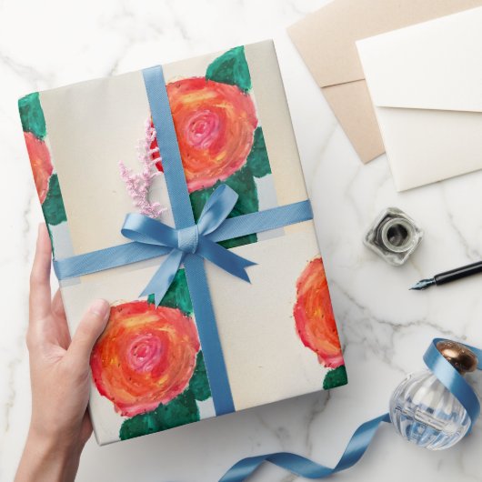 Papier Cadeau Rose rouge avec feuilles vertes (Cadeaux)