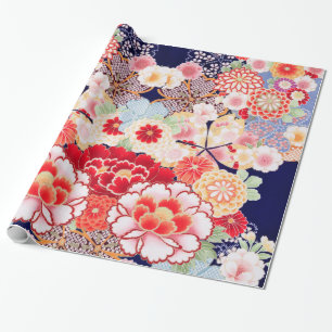Papier Cadeau ROSE ROUGE BLANC FLEURS pivoines, Floral japonais 