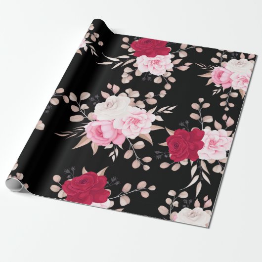 Papier Cadeau rose rouge élégant floral (Déroulé)