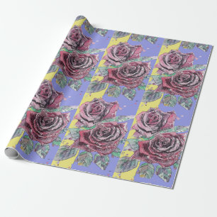 Papier Cadeau Rose rouge pourpre fleurs printemps Aquarelle