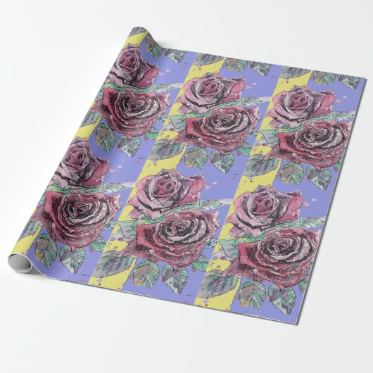 Papier Cadeau Rose rouge pourpre fleurs printemps Aquarelle (Déroulé)