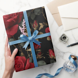 Papier Cadeau Rose Rouge Profond Élégante Motif Floral Noir