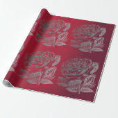 Papier Cadeau Rose Silver Grey Métallo Floral Rouge Vin Chic (Déroulé)