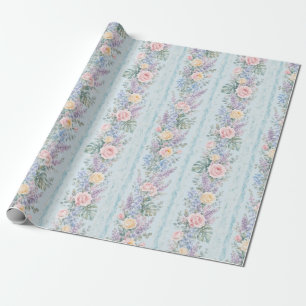 Papier Cadeau Rose Tropical Bleu Rayure Florale Cadeau