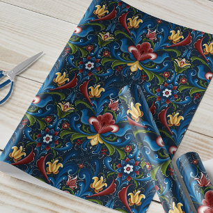 Papier Cadeau Rosemaling scandinave bleu rouge folk