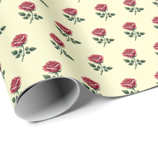 Papier Cadeau Roses aquarellées roses féminines sur fond crème (Coin rond)