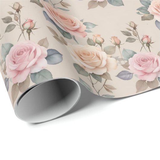 Papier Cadeau Roses aquarelles délicates dans des couleurs paste (Coin rond)