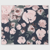 Papier Cadeau Roses aquarelles roses sur fond bleu marine pour f (Plat)