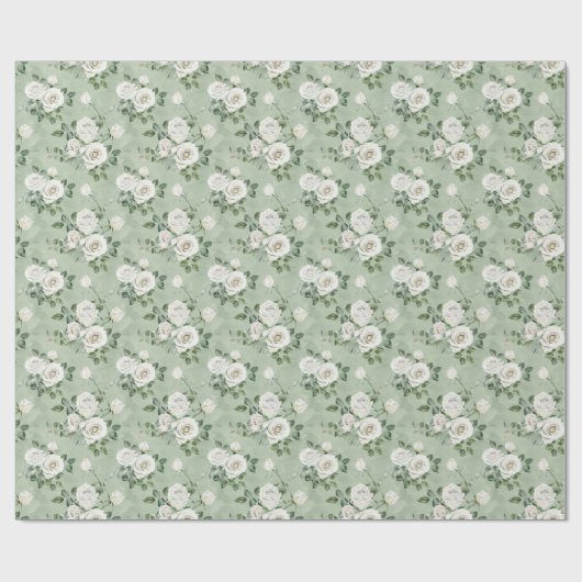Papier Cadeau Roses blanches en vert clair (Plat)