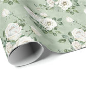 Papier Cadeau Roses blanches en vert clair (Coin rond)