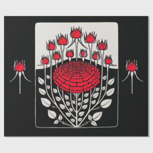 Papier Cadeau ROSES BLANCHES NOIRES, ROSEBUDS Art Nouveau Floral
