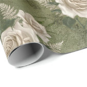 Papier Cadeau Roses blanches sur vert (Coin rond)