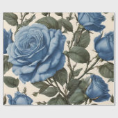 Papier Cadeau Roses Bleus Et Feuilles Verts, (Plat)