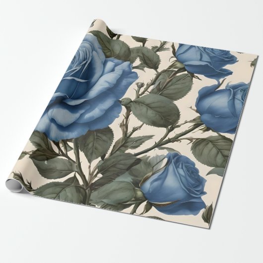 Papier Cadeau Roses Bleus Et Feuilles Verts, (Déroulé)