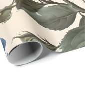 Papier Cadeau Roses Bleus Et Feuilles Verts, (Coin rond)