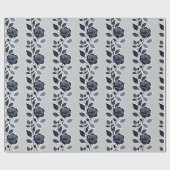 Papier Cadeau Roses Bleus Foncés Avec Des Feuilles Argentées (Plat)