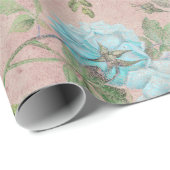 Papier Cadeau Roses bleus sur rose pâle (Coin rond)