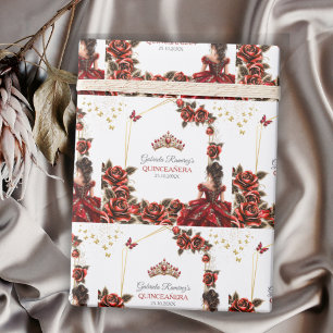 Papier Cadeau Roses Couronne de Tiara Rouge Doré Quinceañera